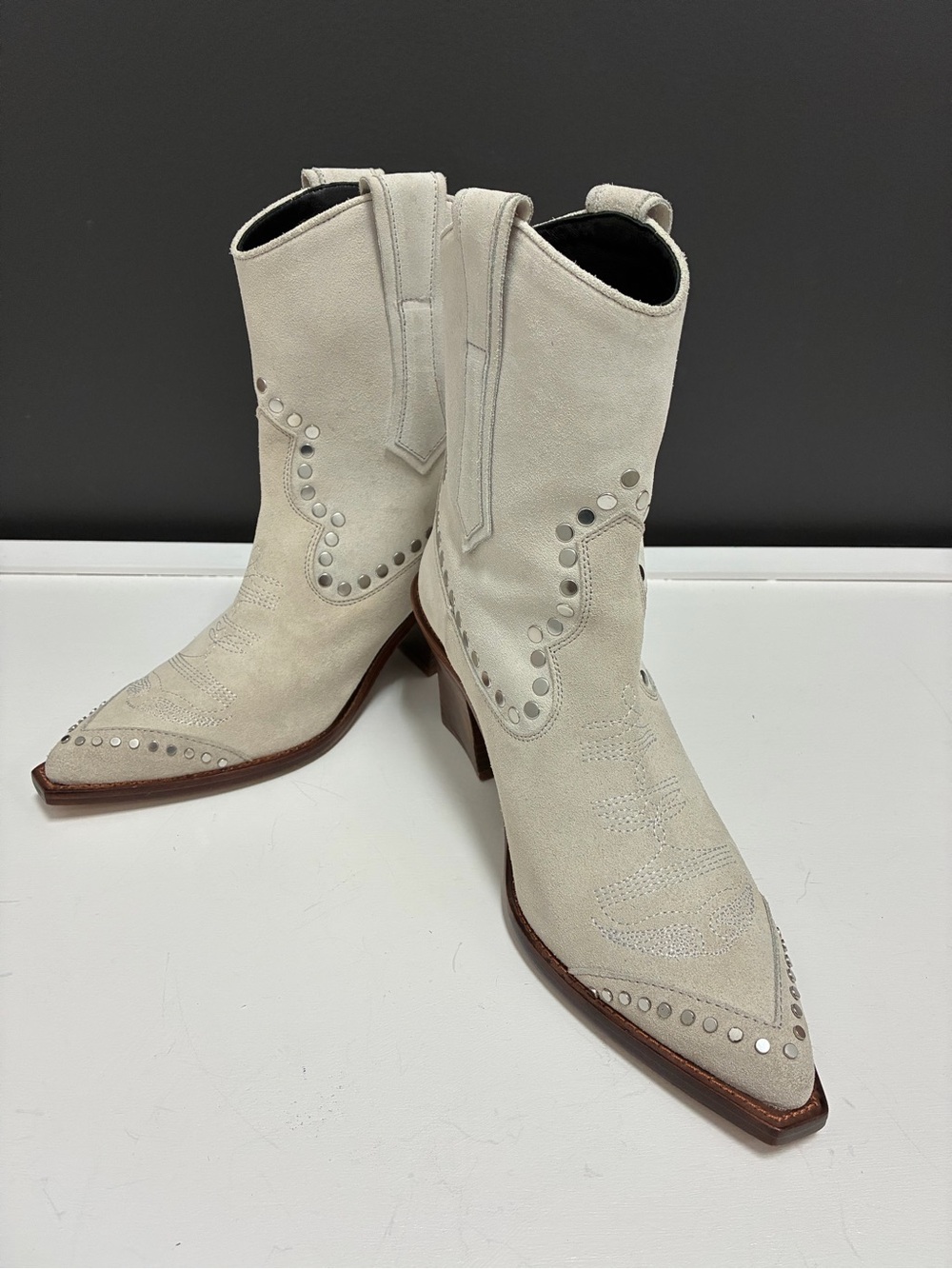 Zadig & Voltaire Ivory Suede Western Studded Ankle Boots
